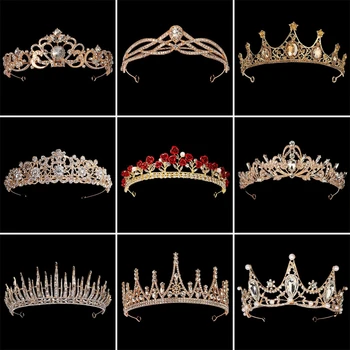 Золотой цвет, свадебная корона из горного хрусталя, аксессуары для волос, женская винтажная тиара с кристаллами и жемчугом в стиле барокко, свадебный головной убор, подарок королеве на вечеринку