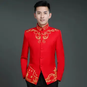 Китайский жакет Мужской Свадебный топ, Весеннее пальто Zhong shan Host Stage, Красная Винтажная вышивка