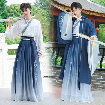 Китайский стиль бессмертная мужская градиентно-синяя ретро-одежда в стиле ретро с большими рукавами традиционного специального назначения Hanfu