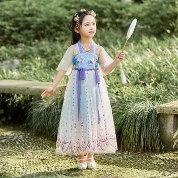 Китайское традиционное газовое платье Hanfu с вышивкой, костюм Kawaii Tang для девочек, 2023, Летнее новое детское платье Принцессы для косплея