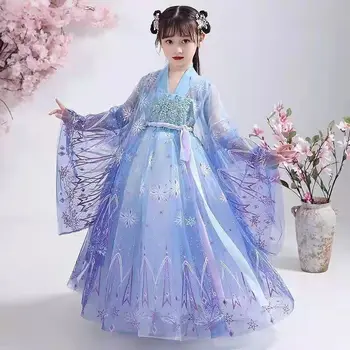 Китайское традиционное платье для народных танцев, юбка с вышивкой Феи для девочек, Платья Принцессы Hanfu Для девочек, Комплект Детской праздничной одежды для Косплея