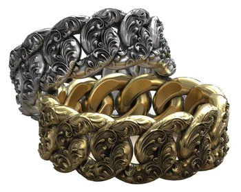 кольцо-звено цепи 13g Miami Cuban с окисленным цветочным узором из чистого стерлингового серебра 925 пробы от Кутюр