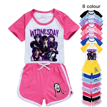 Комплекты футболок Wednesday Addams для маленьких девочек, Летняя детская футболка с принтом, Спортивные костюмы с коротким рукавом + шорты, комплекты из 2 предметов, новинка 2023 года