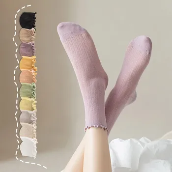 Корейский Стиль, однотонные Хлопчатобумажные носки с оборками, Сетчатые Полые дышащие носки для экипажа, Летние тонкие длинные носки в стиле Харадзюку для школьников