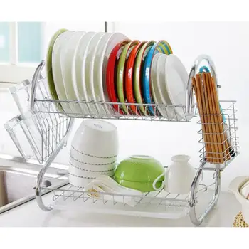 Кухонный стеллаж, Двойной держатель для хранения посуды, Стеллаж для сушки посуды Большой Емкости из нержавеющей стали, Стеллаж для кухонных принадлежностей