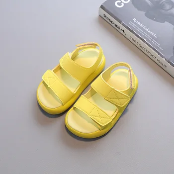 Летние детские сандалии, Милая однотонная детская пляжная обувь, Красивые Желтые Сандалии для девочек с открытым носком, Дышащие Босоножки для мальчиков