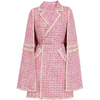 Модная дизайнерская верхняя одежда из розового твида на осень-зиму, женский плащ с отложным воротником и поясами, пальто