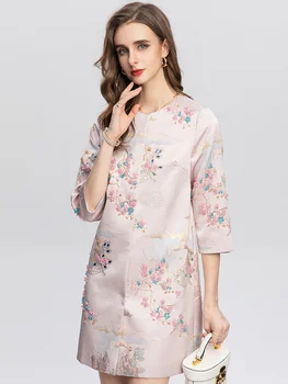 Модное подиумное осенне-зимнее розовое жаккардовое пальто, женское однобортное пальто с рукавом 3/4, расшитое цветами, расшитое бисером, винтажная длинная верхняя одежда
