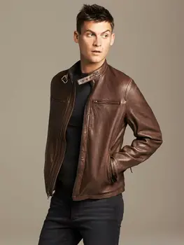 Мужская 100% новая байкерская куртка из натуральной коричневой гладкой кожи Премиум-класса в молодежном стиле