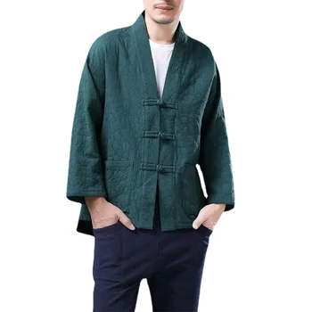 Мужская свободная куртка в китайском стиле из хлопка и льна на пуговицах Hanfu, повседневный топ с длинными рукавами в стиле ретро, мужская Hanfu