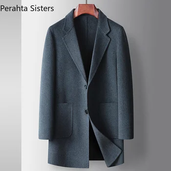 Мужской двусторонний роскошный шерстяной тренч ручной работы, осенне-зимнее шерстяное пальто средней длины для бизнеса и отдыха, верхняя одежда