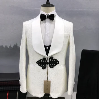 Мужской костюм с белым жаккардовым узором, Модная высококачественная шаль с лацканами, Смокинг для свадьбы Жениха, выпускного вечера, брюки, приталенный