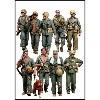 Набор для сборки модели из литой смолы в масштабе 1/35, 9 человек, включая игрушку-форму для армейской собаки, неокрашенная Бесплатная доставка