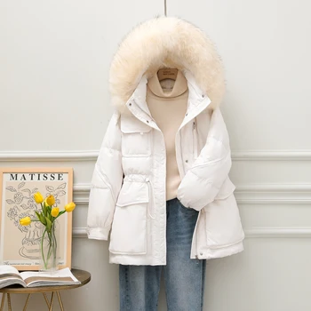 Новая женская пуховая куртка с большим меховым воротником из натурального енота, Свободная, с высокой талией, с капюшоном, Модное пуховое пальто, Теплая, подходит для зимы