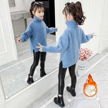 Новинка 2021 года, Осенне-зимний Однотонный толстый вязаный свитер для маленьких девочек, Водолазка с длинным рукавом, повседневные пуловеры, детская теплая ткань X11