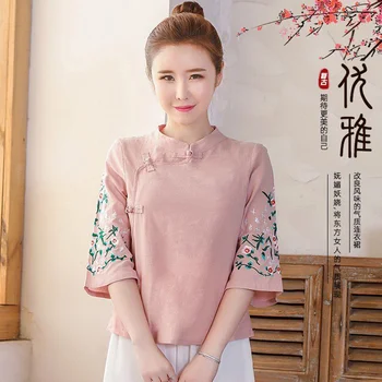 Новые женские рубашки в китайском стиле, воротник-стойка, пряжка, Свободная Национальная женская блузка, Размер верха, китайское традиционное пальто, женское