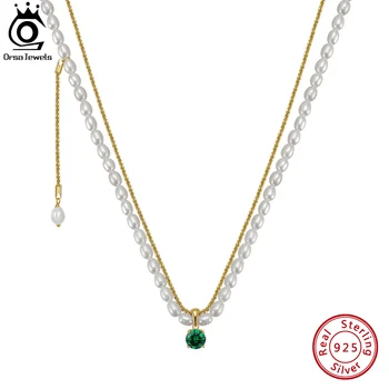 Ожерелье из пресноводного жемчуга ORSA JEWELS из стерлингового серебра 925 пробы с зеленым фианитным кулоном для женщин, изысканные вечерние украшения GPN30