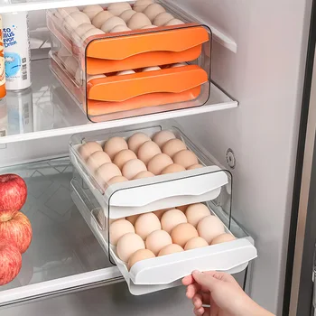 Органайзер для хранения яиц в холодильнике, Держатель для яиц для холодильника, 2-Слойный выдвижной ящик, Штабелируемые ящики для хранения, Прозрачный пластиковый держатель для яиц