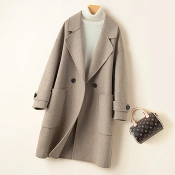 Осенне-зимнее Новое двустороннее кашемировое пальто из 100% чистой шерсти, женский двусторонний шерстяной костюм средней длины, шерстяное пальто, пальто