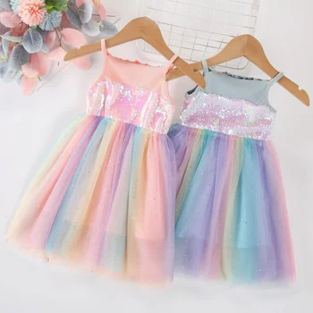 Платье для девочек на лето 2022, Кружевные радужные блестки для маленьких девочек, детские праздничные платья для девочек, платье принцессы, пачка, Повседневная одежда