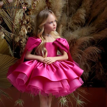 Платье для девочки с цветочным узором на свадьбу, Многослойное Платье с пышными рукавами, платье Принцессы для девочек, Розовый Атласный Бант, детские платья на День Рождения, Платье