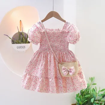 Платья для маленьких девочек с сумкой, летняя одежда из 2 предметов, Милый Наряд с цветами, платье Принцессы, Детский повседневный костюм от 1 до 6 лет