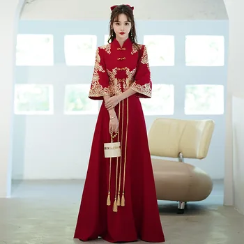 Плюс Размер, платье для тостов в стиле Чонсам, Весеннее свадебное платье Невесты, Китайское традиционное платье Xiuhe, Винно-красное Длинное вечернее платье