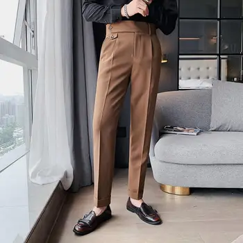 Популярные облегающие брюки для костюма с пуговицами, Мужские брюки без утюга
