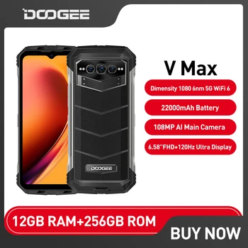 Прочный телефон Doogee-V Max 5G, 22000 мАч, 12 ГБ + 256 ГБ, 120 Гц, Яркость 1080, Смартфон с высоким разрешением, Камера 108 Мп, Мобильный телефон