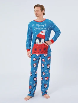 Рождественские Семейные пижамы, соответствующий комплект, Футболка с длинным рукавом и снежным принтом в виде Пингвина, Брюки, Одежда для сна, Одежда для отдыха