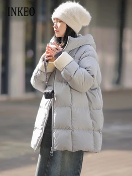 Роскошная пуховая куртка с капюшоном для женщин 2023, Зимнее Повседневное толстое теплое пальто на 90% белом утином пуху Оверсайз, однотонные парки INKEO 3O166