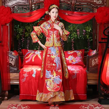 Роскошное старинное китайское свадебное платье невесты с королевской красной вышивкой Qipao, традиционное китайское платье, женское восточное Qi Pao