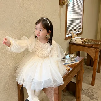 Свадебное платье с цветочным узором для маленьких девочек, Жемчужно-белые вечерние платья с длинными пышными рукавами, праздничная одежда Vestidos