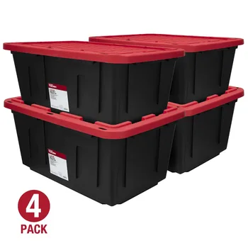 Сверхпрочный Пластиковый контейнер для хранения с защелкивающейся крышкой емкостью 27 галлонов, черный с красной крышкой, набор из 4 предметов