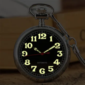 Светящиеся арабские цифры на дисплее, механические карманные часы с автоподзаводом, изысканные серебряные ретро-часы-подвеска с карманом-брелоком 30 см