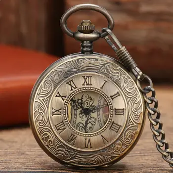 Стимпанк, Античный бронзовый Скелет, медные механические карманные часы с римским циферблатом, Винтажные часы с ручным заводом, цепочка длиной 30 см