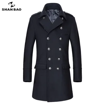 Темно-синее шерстяное пальто, деловая повседневная брендовая одежда 2019, зимнее роскошное высококачественное мужское тонкое пальто с двухрядными пуговицами