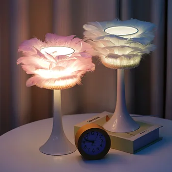 Теплая Романтическая Настольная лампа с перьями, USB Пульт дистанционного управления, Затемняющий Розовый ночник из перьев лебедя, Прикроватная тумбочка для спальни, декоративная настольная лампа