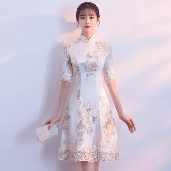 Традиционная китайская одежда Винтажное платье трапециевидной формы с воротником-стойкой Cheongsam Qipao Платье с цветочной вышивкой