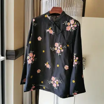 Улучшенный топ Чонсам в китайском ретро-стиле, женская темпераментная рубашка со стоячим воротником и длинными рукавами, повседневная блузка Ципао