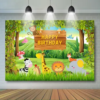Фон для Дня Рождения животных Сафари, Джунгли, Зеленый лес, Фоновые рисунки для мальчика, Сафари, Украшение для Дня рождения, Торт, стол, Баннер