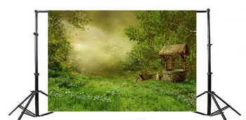 Фон для Фотосъемки Мечтательный мир Сказка Бабочка Цветы Трава Поле Винтажный Колодец Боке