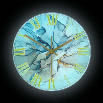 Часы из голубого мрамора со светодиодной подсветкой, Акварельная абстрактная живопись, Минималистичный домашний декор, Светящиеся настенные часы, светящиеся в темноте