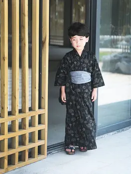 Японское детское Кимоно Юката Для мальчиков Вечернее платье Традиционная Одежда Хлопок Аксессуары для фотосъемки 4шт
