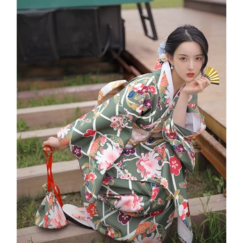 Японское традиционное кимоно, женское зеленое платье с цветочным принтом, Классическое платье Юката для фотосъемки, одежда для косплея, халат