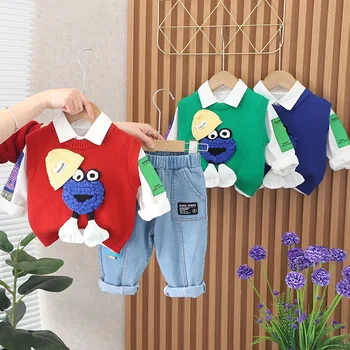 2023 Корейский Весенний комплект одежды из 3 предметов для маленьких мальчиков, Свитер с нашивками Catoon, Жилет, Хлопковая рубашка, Джинсы, Брюки, Костюм для маленьких мальчиков