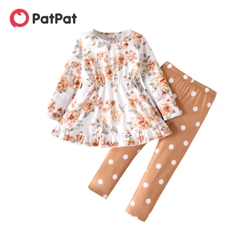 PatPat / Комплекты одежды из 2 предметов для маленьких девочек, футболка с цветочным принтом и оборками на подоле, футболка с длинными рукавами и комплект леггинсов в горошек для девочек