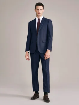 Комплект мужских костюмов из 100% шерсти Роскошного Темно-синего Цвета Slim Fit для выпускного Вечера, Свадебной одежды для жениха, однобортной 56A 44A обычной одежды
