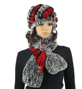 меховая шапка и шарф, комплект для женщин и девочек, зимняя шапка из натурального меха кролика рекс, пушистая шапка-бини, шарф, серый, красный, лучшие подарки 314