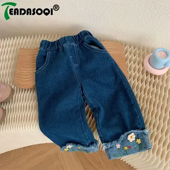 Новинка осени 2023 синего цвета: прямые джинсы из денима для маленьких девочек, широкие брюки с вышивкой для детей от 0 до 6 лет